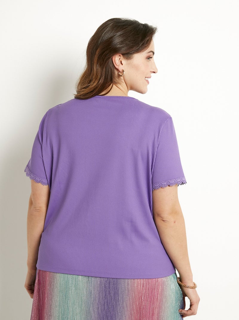 T-shirt col V fines côtes dentelle manches courtes Violet clair - Kiabi