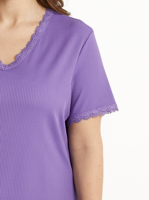 T-shirt col V fines côtes dentelle manches courtes - Kiabi