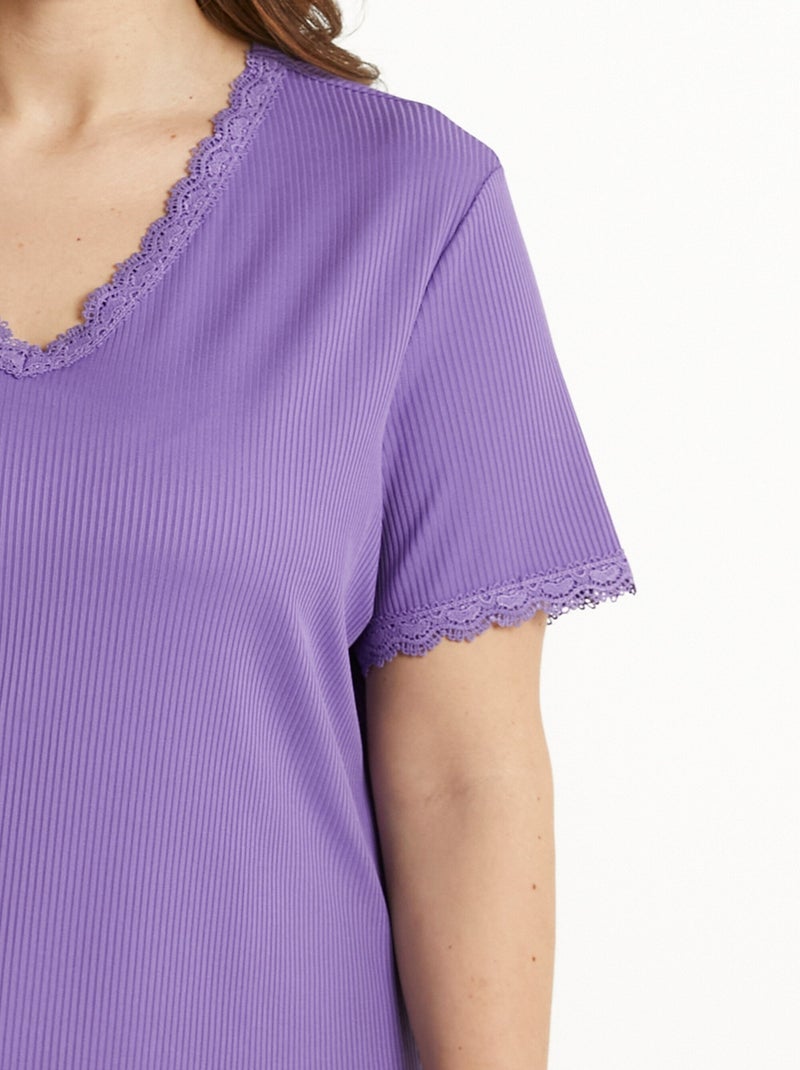 T-shirt col V fines côtes dentelle manches courtes Violet clair - Kiabi