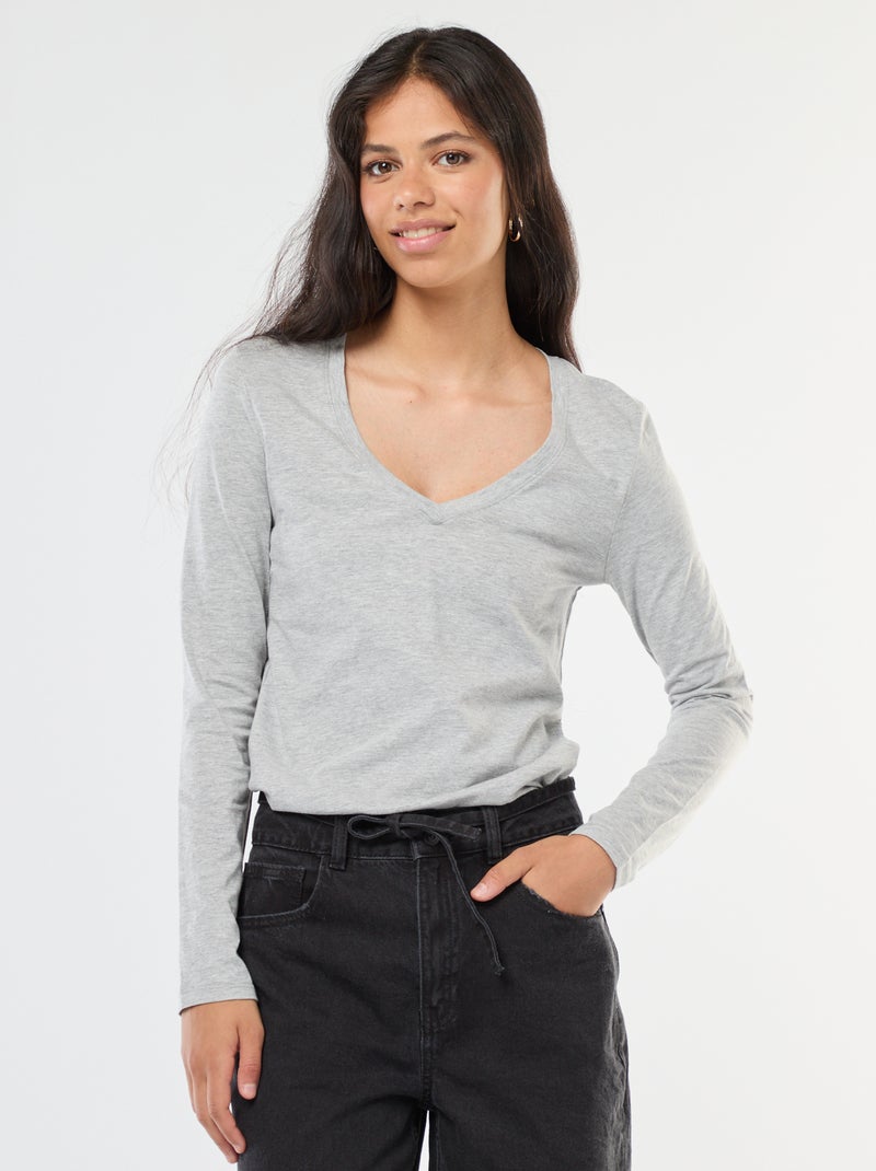 T-shirt col V Gris - Kiabi