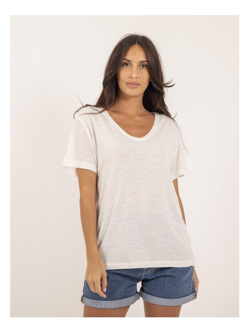T-shirt col V lin FAIMES Ecru - Kiabi