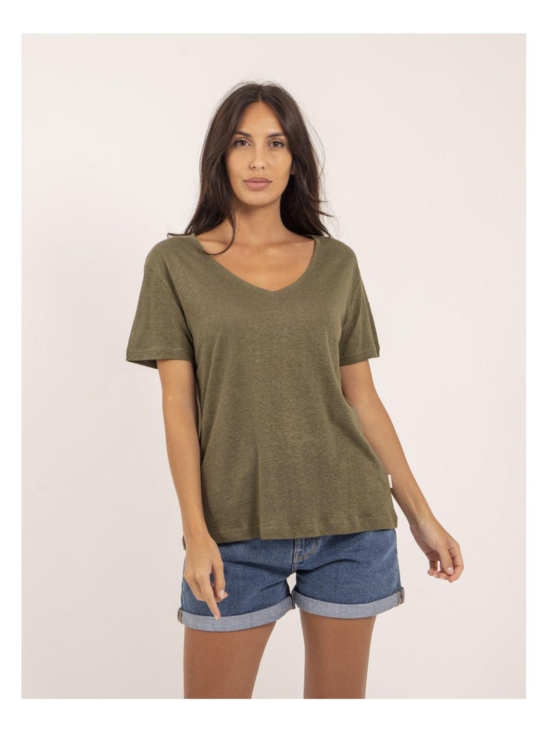 T-shirt col V lin FAIMES Kaki - Kiabi