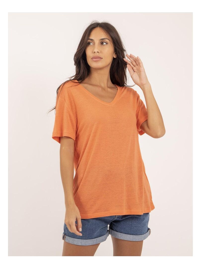 T-shirt col V lin FAIMES Orange corail - Kiabi
