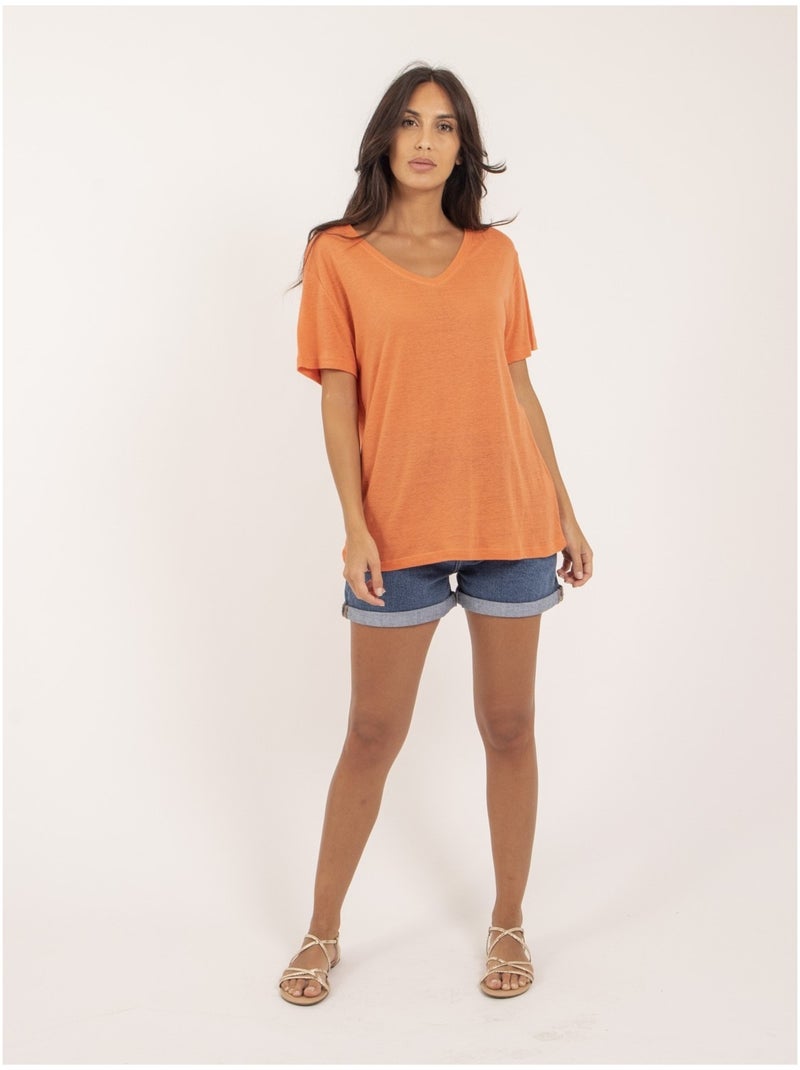 T-shirt col V lin FAIMES - Orange corail - Femme - 0.00€ - Kiabi