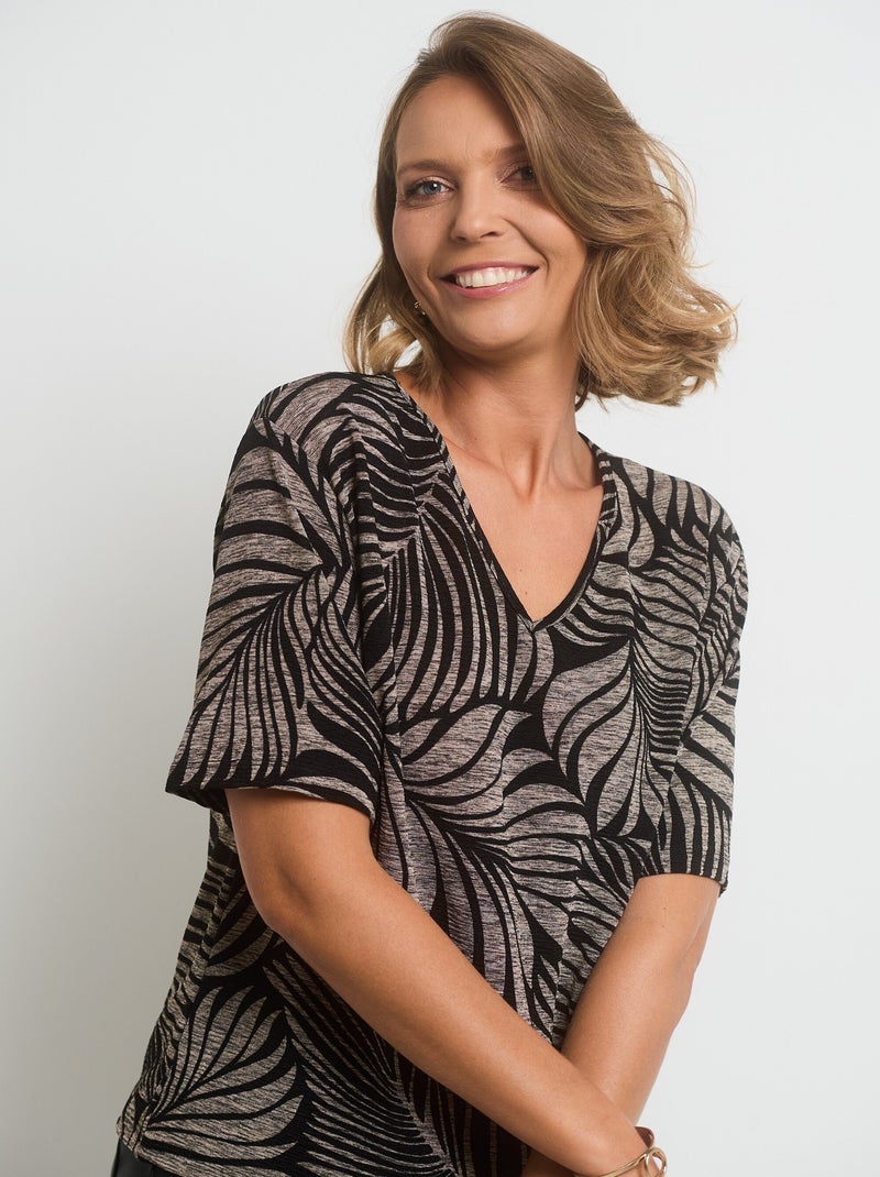 T-shirt col V maille imprimé animalier Gris Noir - Kiabi