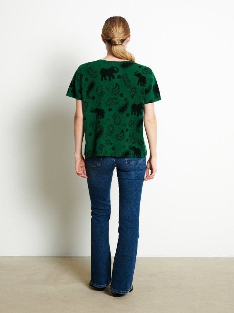 T-shirt col V manches courte femme 100% cachemire imprimé - RIA 6 Vert émeraude - Kiabi