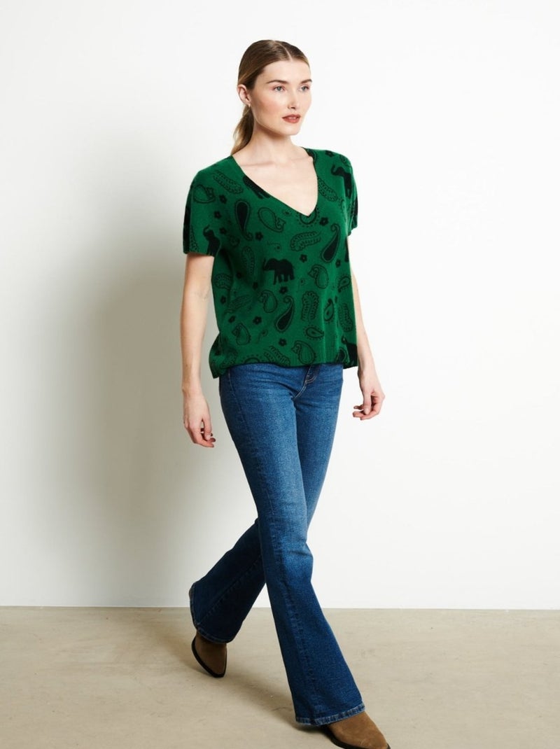 T-shirt col V manches courte femme 100% cachemire imprimé - RIA 6 Vert émeraude - Kiabi