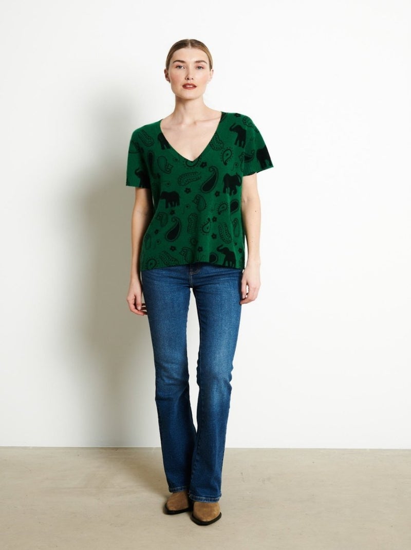 T-shirt col V manches courte femme 100% cachemire imprimé - RIA 6 Vert émeraude - Kiabi