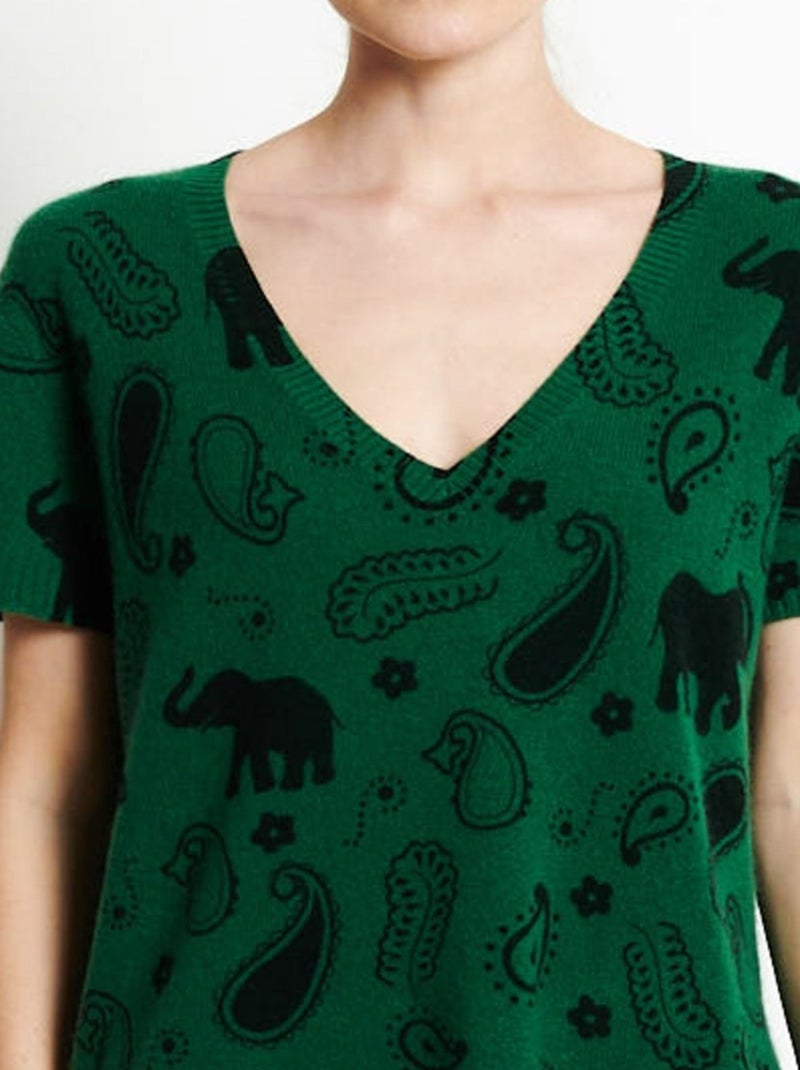 T-shirt col V manches courte femme 100% cachemire imprimé - RIA 6 Vert émeraude - Kiabi