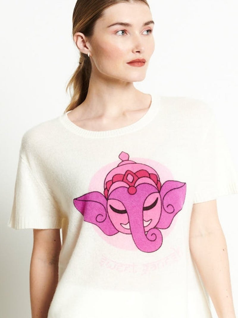 T-shirt col V manches courte femme 100% cachemire imprimé - RIA 9 Blanc Ecru - Kiabi