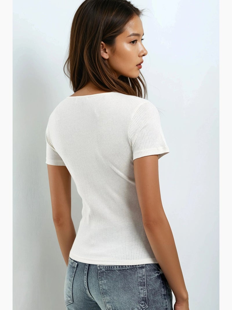 T-shirt col v manches courtes détail dentelle busem Blanc - Kiabi