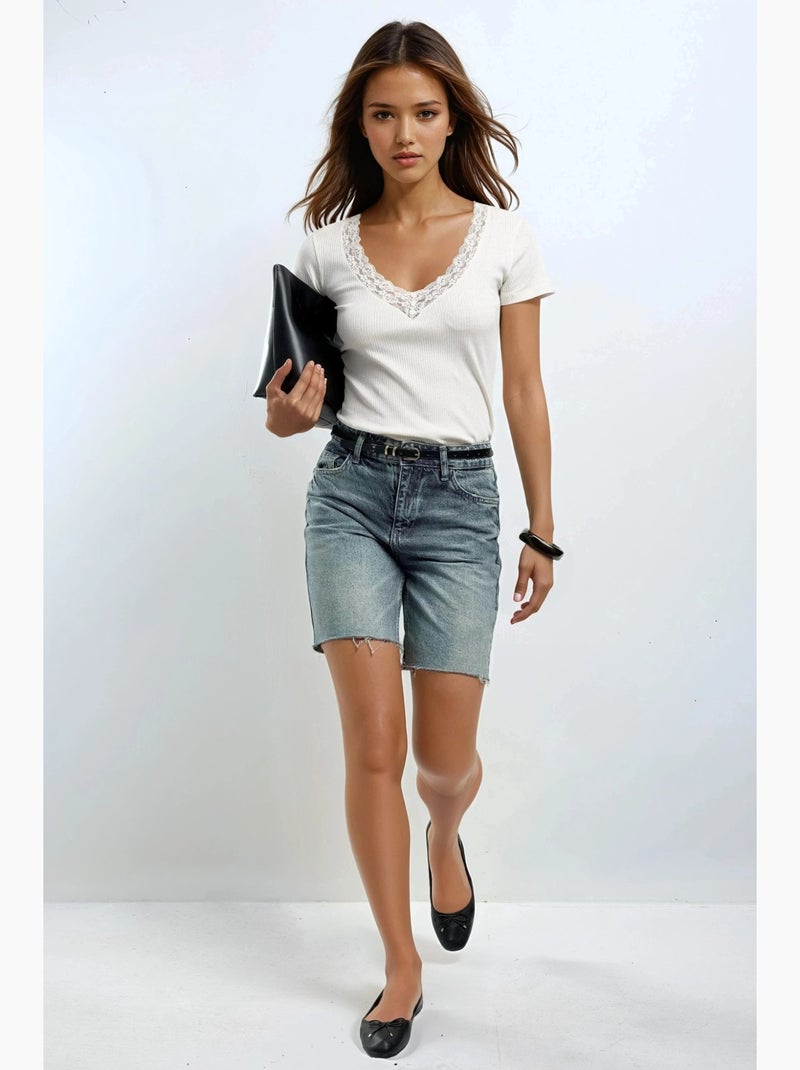 T-shirt col v manches courtes détail dentelle busem Blanc - Kiabi