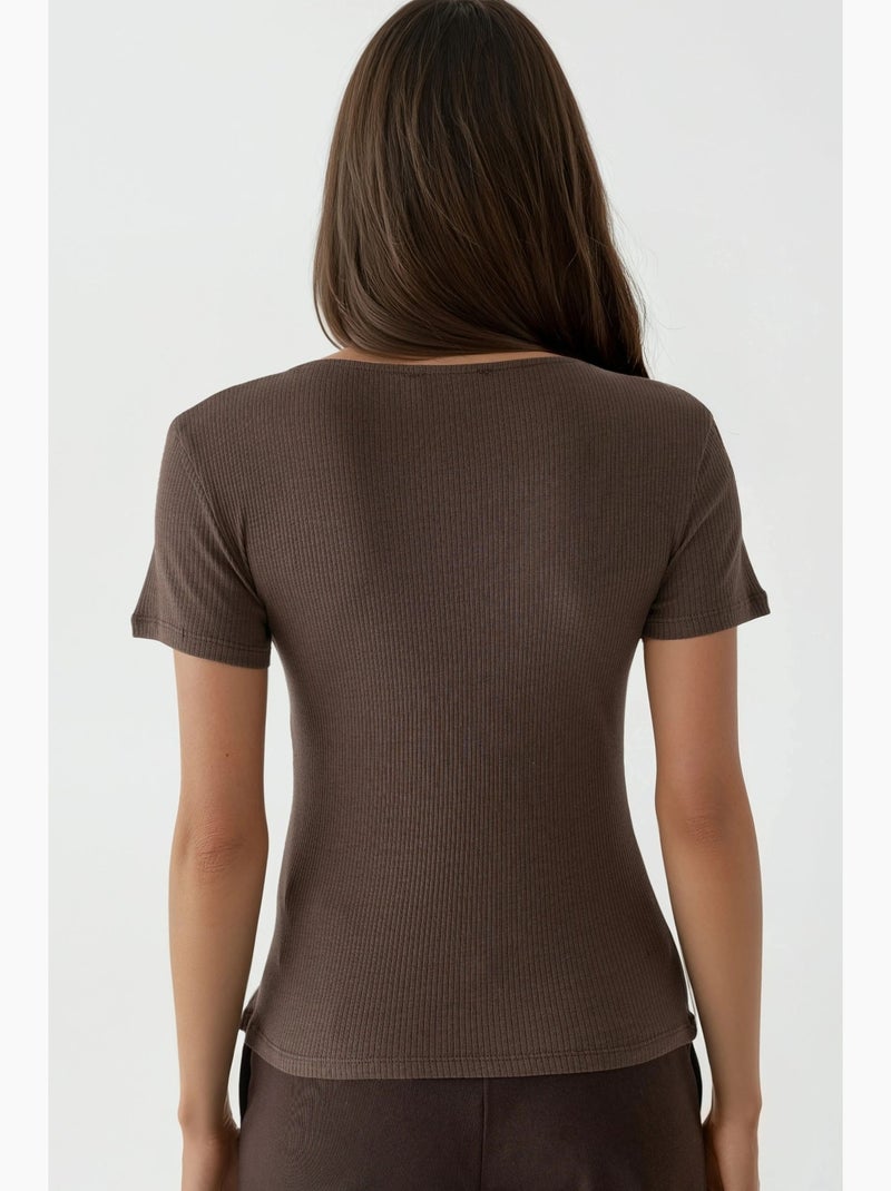 T-shirt col v manches courtes détail dentelle busem Marron clair - Kiabi