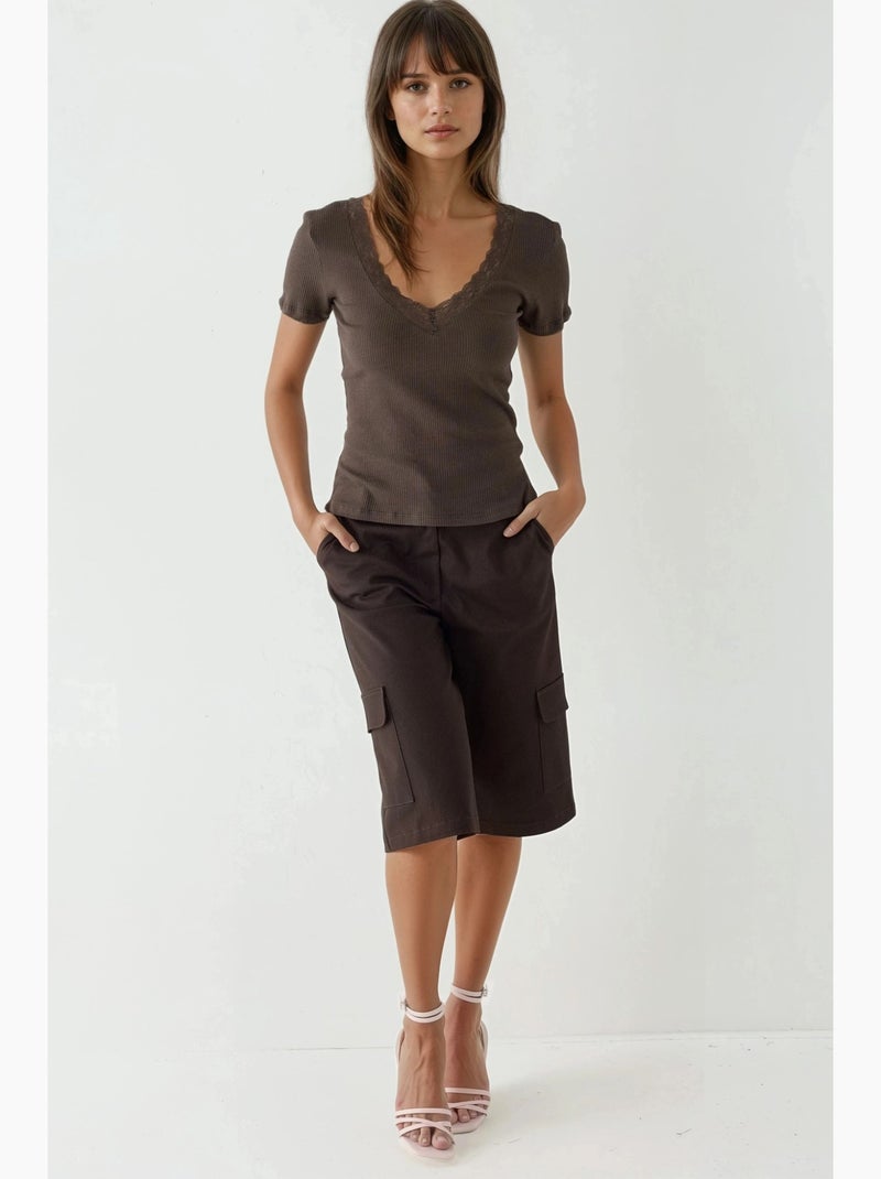 T-shirt col v manches courtes détail dentelle busem Marron clair - Kiabi