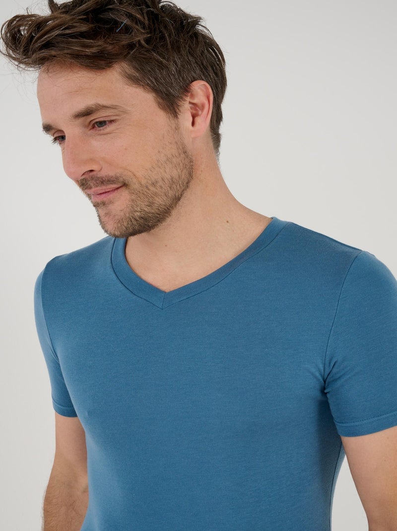 T-shirt col V manches courtes fine côte Thermolactyl Sensitive - Damart Bleu gris - Kiabi