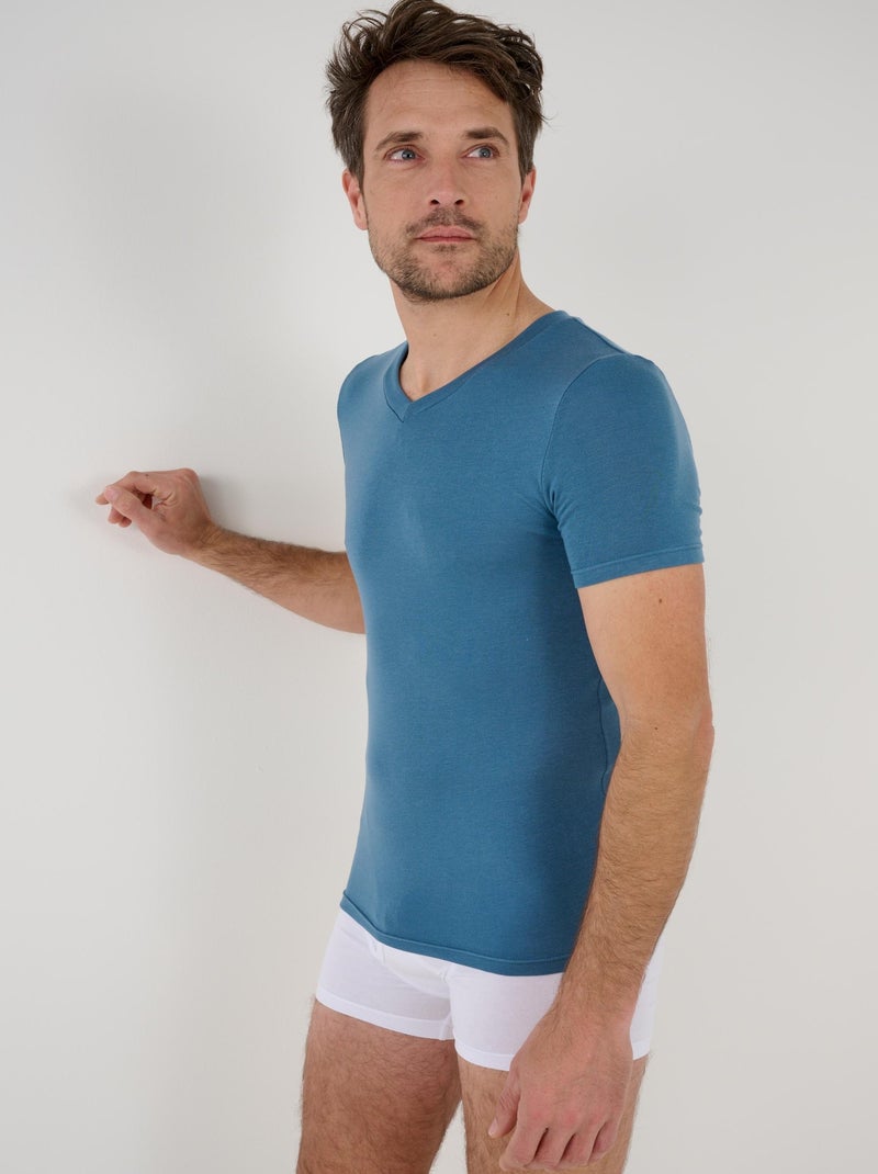 T-shirt col V manches courtes fine côte Thermolactyl Sensitive - Damart Bleu gris - Kiabi