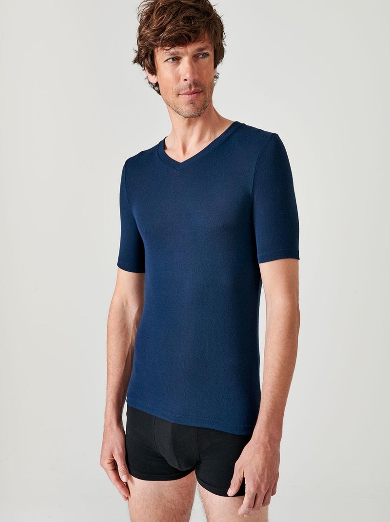 T-shirt col V manches courtes fine côte Thermolactyl Sensitive - Damart Bleu marine - Kiabi