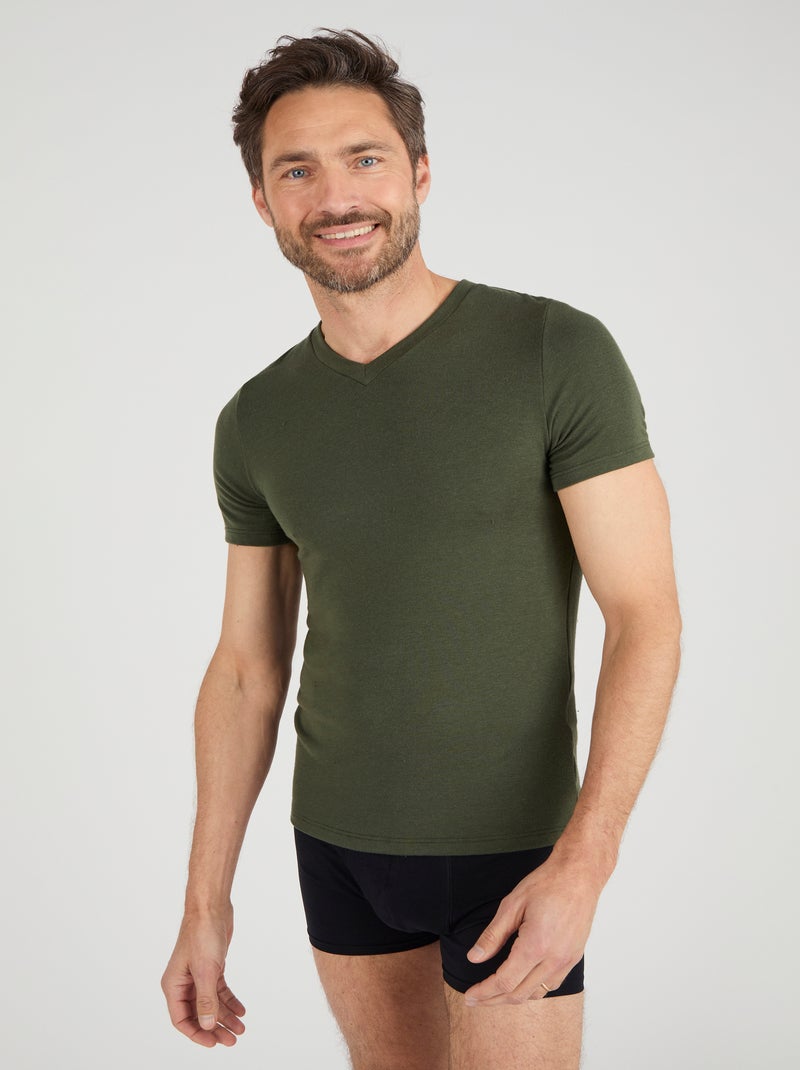 T-shirt col V manches courtes fine côte Thermolactyl Sensitive - Damart Kaki - Kiabi
