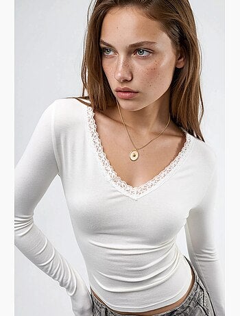 T-shirt col v manches longues détail dentelle busem