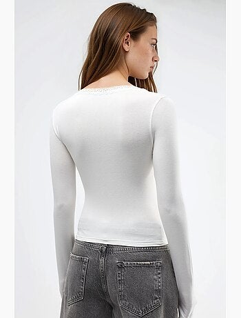 T-shirt col v manches longues détail dentelle busem