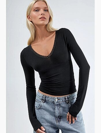 T-shirt col v manches longues détail dentelle busem