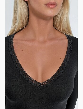 T-shirt col v manches longues détail dentelle busem