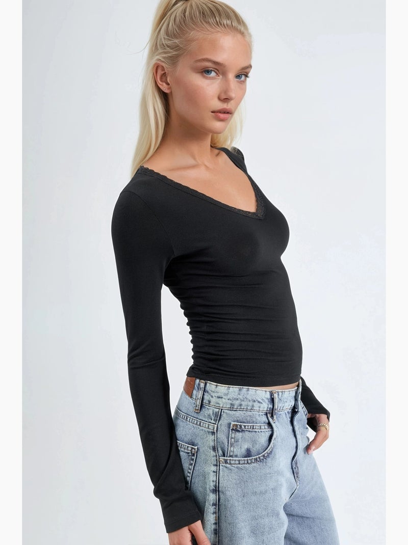 T-shirt col v manches longues détail dentelle busem Noir - Kiabi