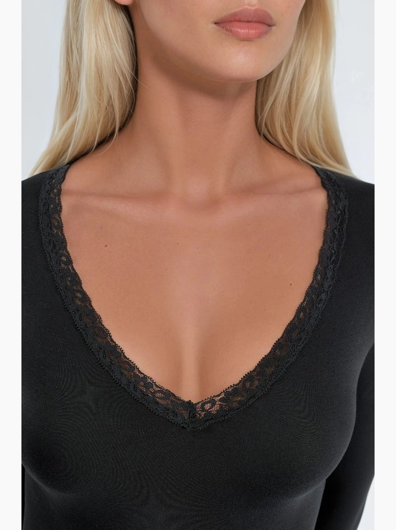 T-shirt col v manches longues détail dentelle busem Noir - Kiabi