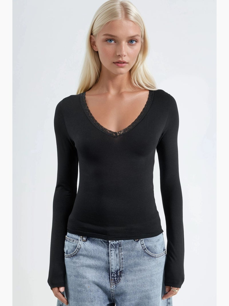 T-shirt col v manches longues détail dentelle busem Noir - Kiabi