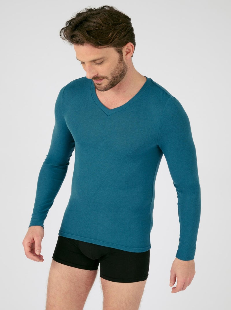 T-shirt col V manches longues fine côte Thermolactyl Sensitive - Damart Bleu pétrole - Kiabi