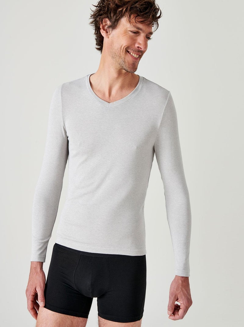 T-shirt col V manches longues fine côte Thermolactyl Sensitive - Damart Gris chiné - Kiabi