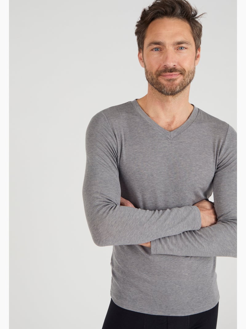 T-shirt col V manches longues fine côte Thermolactyl Sensitive - Damart Gris - Kiabi