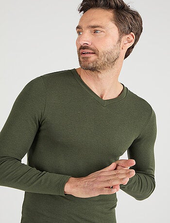T-shirt col V manches longues fine côte Thermolactyl Sensitive - Damart