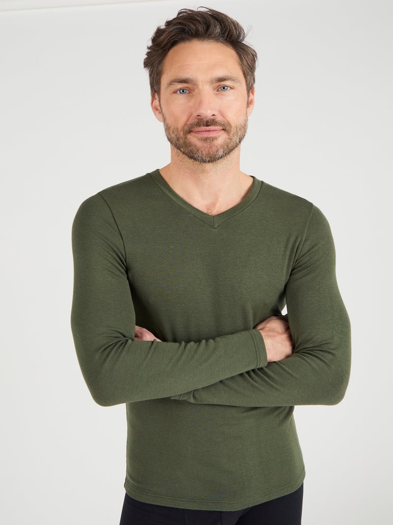 T-shirt col V manches longues fine côte Thermolactyl Sensitive - Damart Kaki - Kiabi