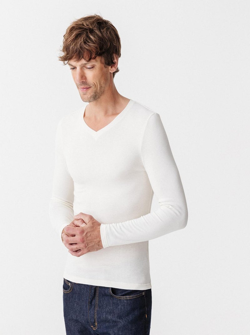 T-shirt col V manches longues fine côte Thermolactyl Sensitive thermique - Damart Blanc - Kiabi