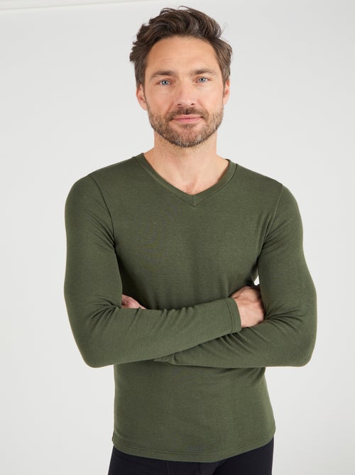T-shirt col V manches longues fine côte Thermolactyl Sensitive thermique - Damart - Kiabi