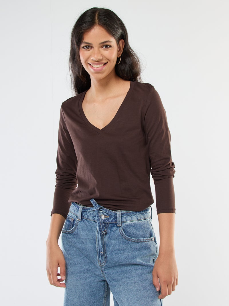 T-shirt col V Marron - Kiabi