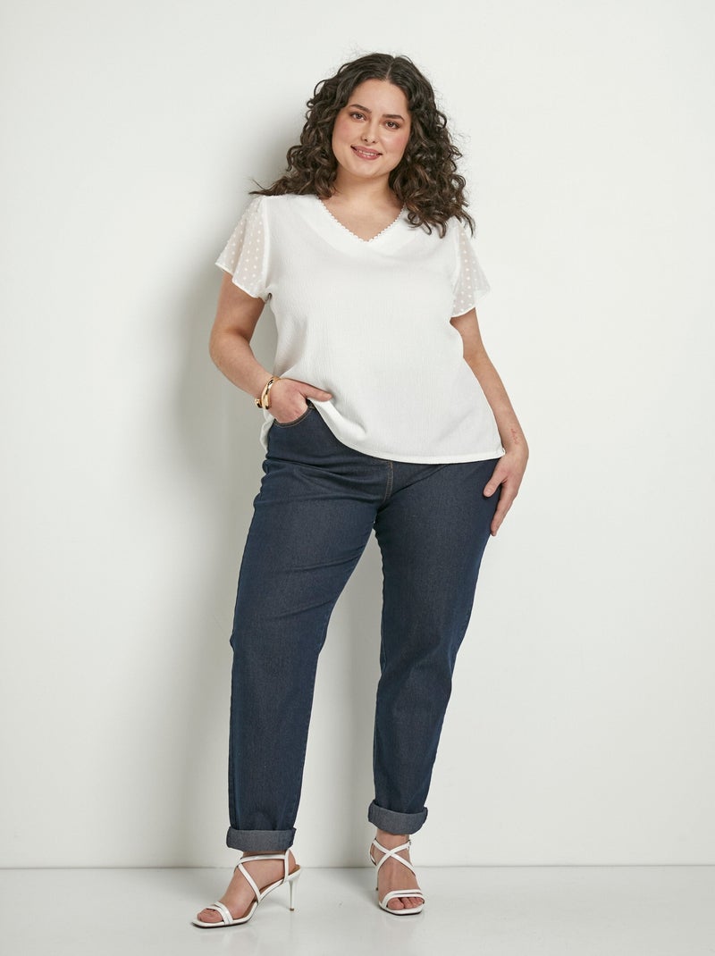 T-shirt col V plumetis manches courtes Blanc - Kiabi