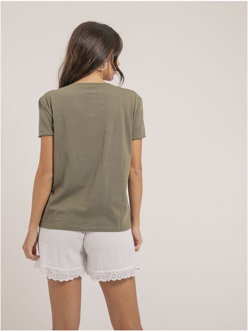 T-shirt col V pur coton FAMIA Kaki - Kiabi