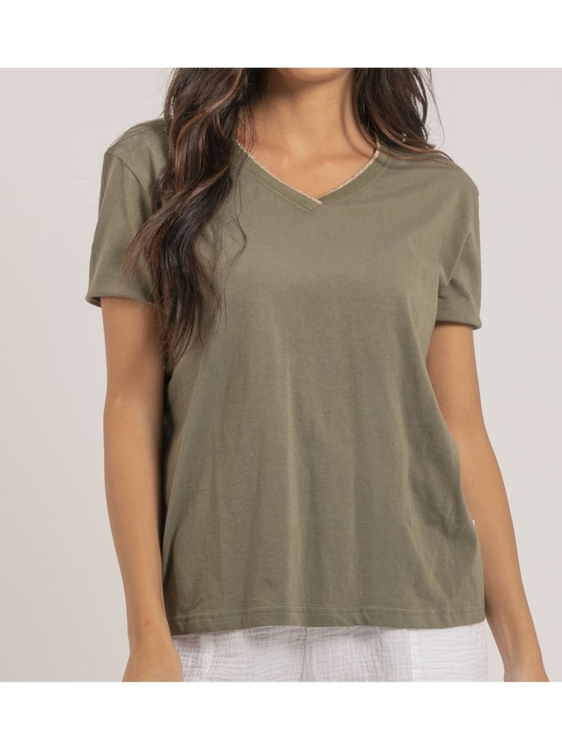 T-shirt col V pur coton FAMIA Kaki - Kiabi