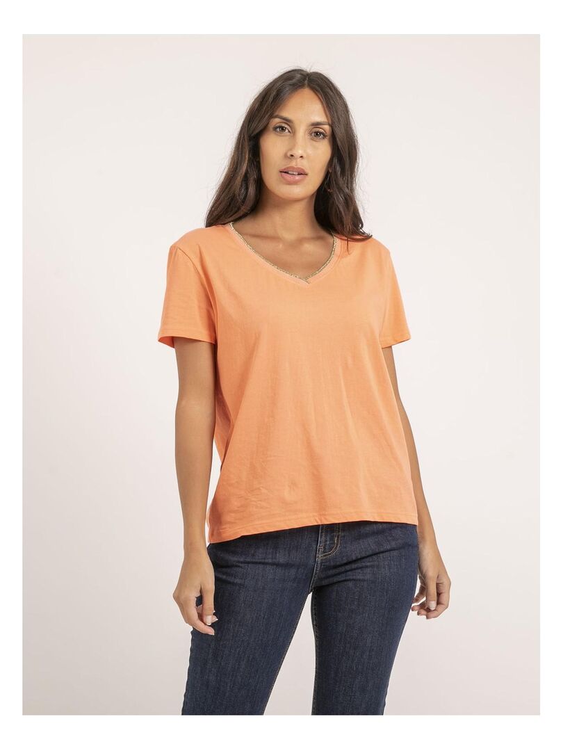 T-shirt col V pur coton FAMIA Orange corail - Kiabi