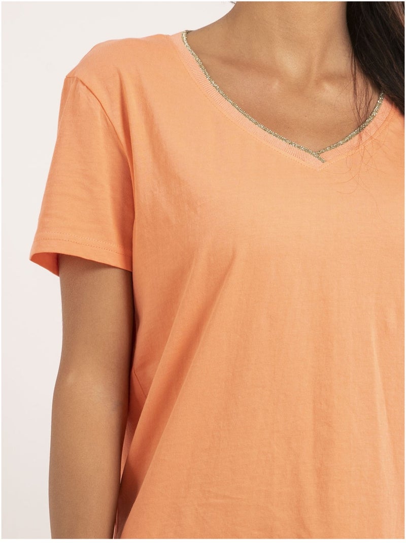 T-shirt col V pur coton FAMIA Orange corail - Kiabi