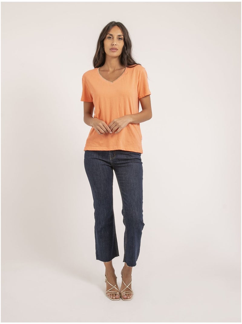 T-shirt col V pur coton FAMIA Orange corail - Kiabi