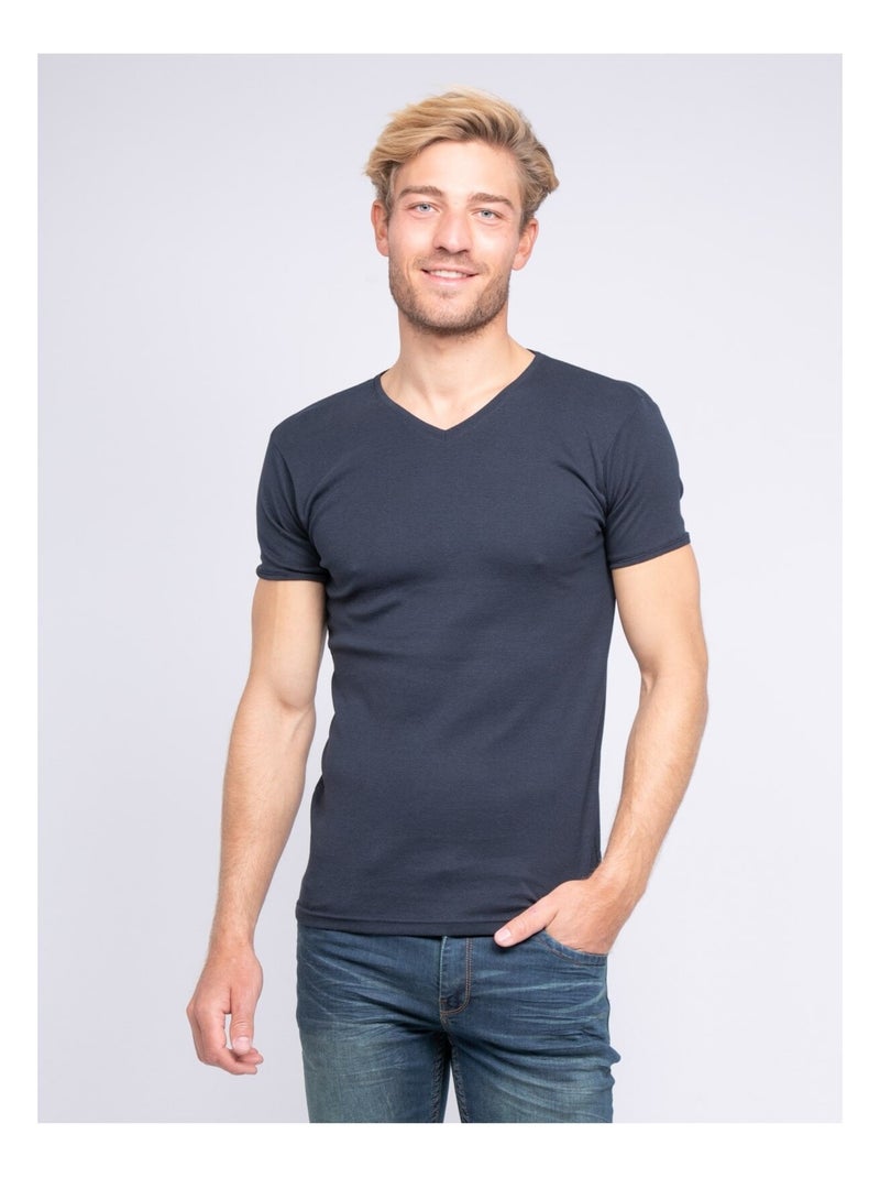 T-shirt col V pur coton organique WORD Bleu marine - Kiabi