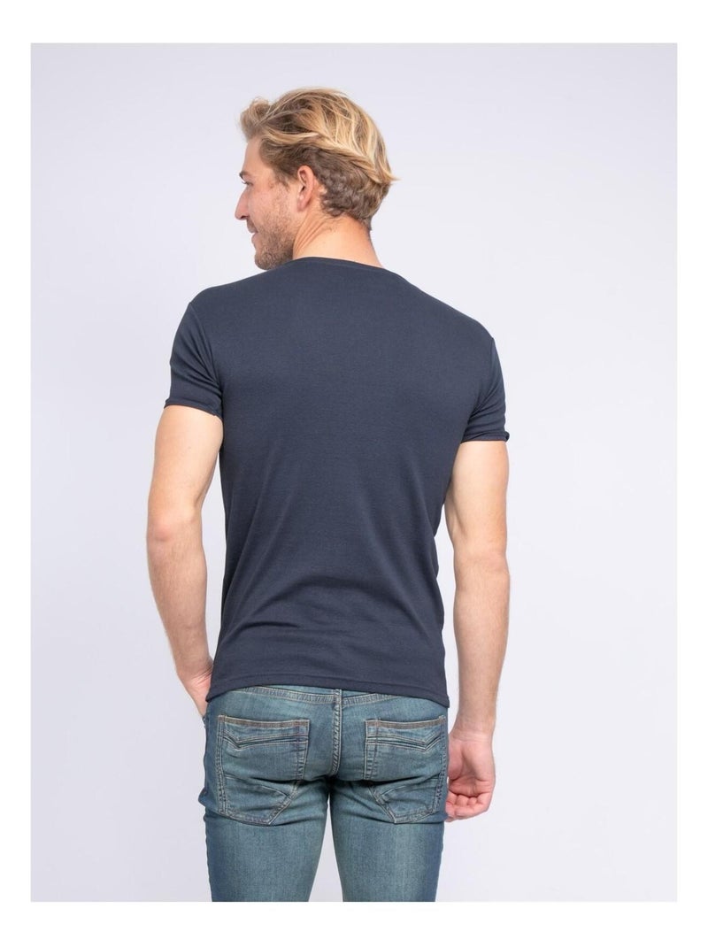 T-shirt col V pur coton organique WORD Bleu marine - Kiabi