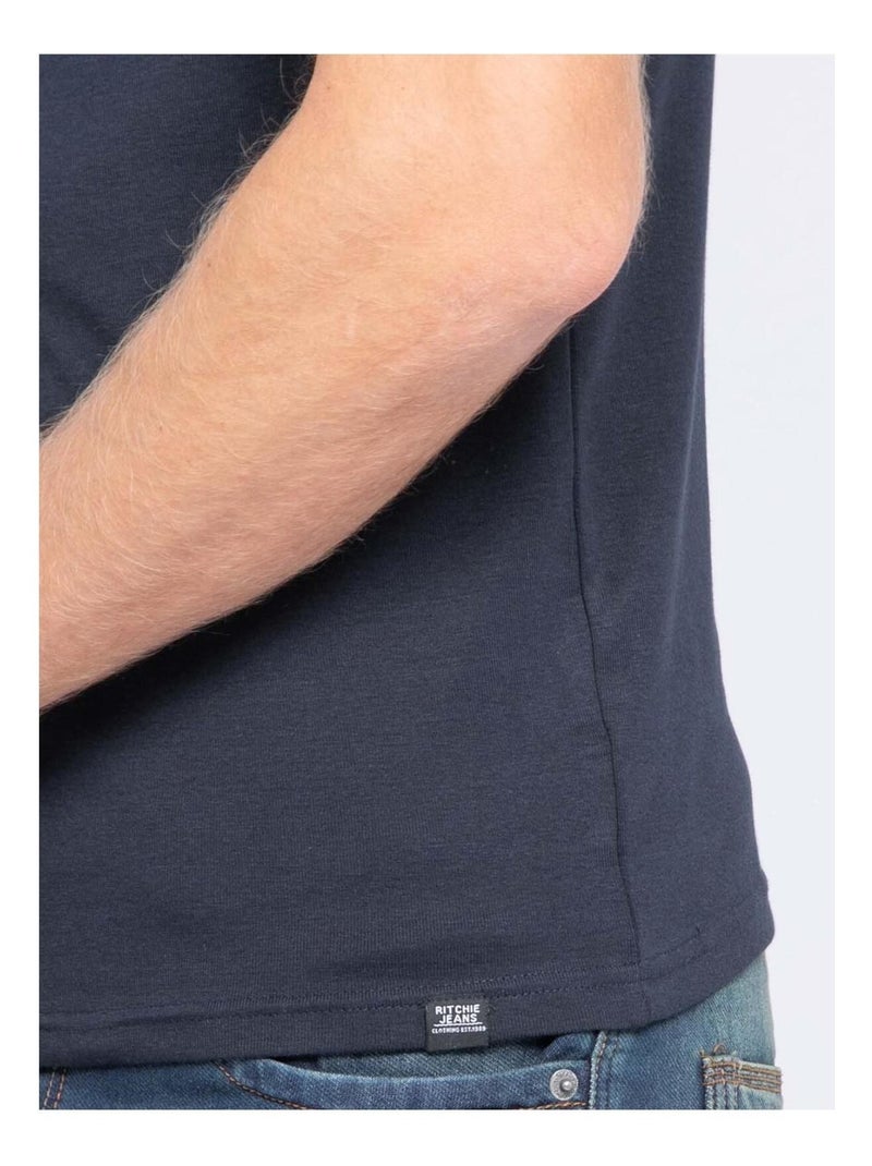 T-shirt col V pur coton organique WORD Bleu marine - Kiabi