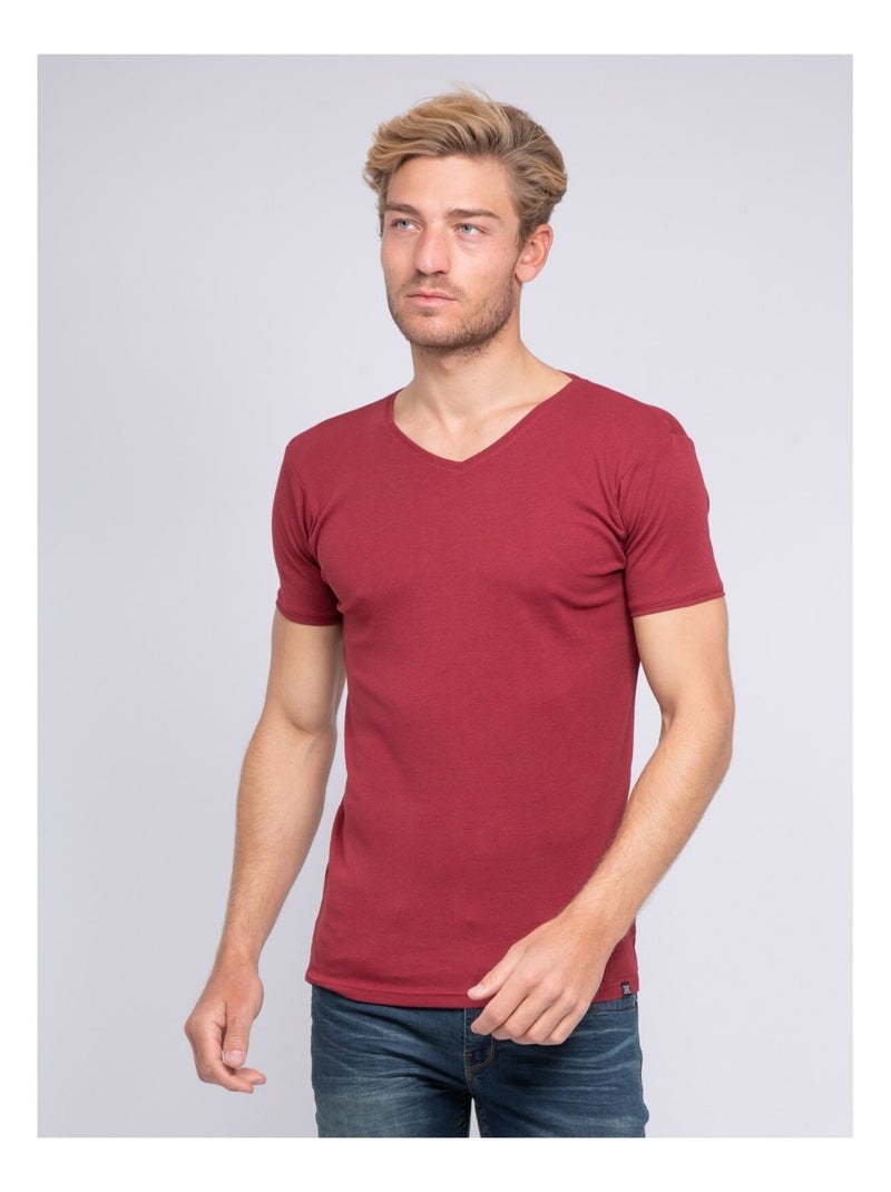 T-shirt col V pur coton organique WORD Bordeaux - Kiabi