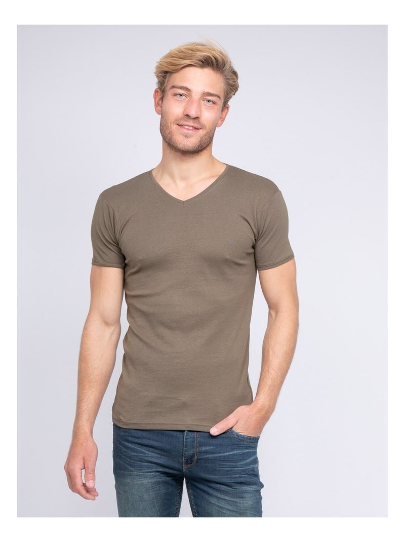 T-shirt col V pur coton organique WORD Kaki - Kiabi