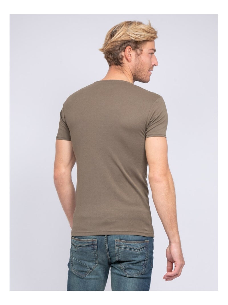 T-shirt col V pur coton organique WORD Kaki - Kiabi