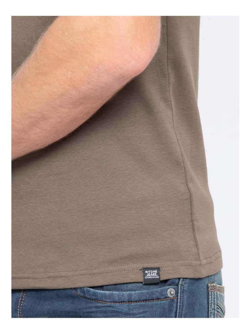 T-shirt col V pur coton organique WORD Kaki - Kiabi